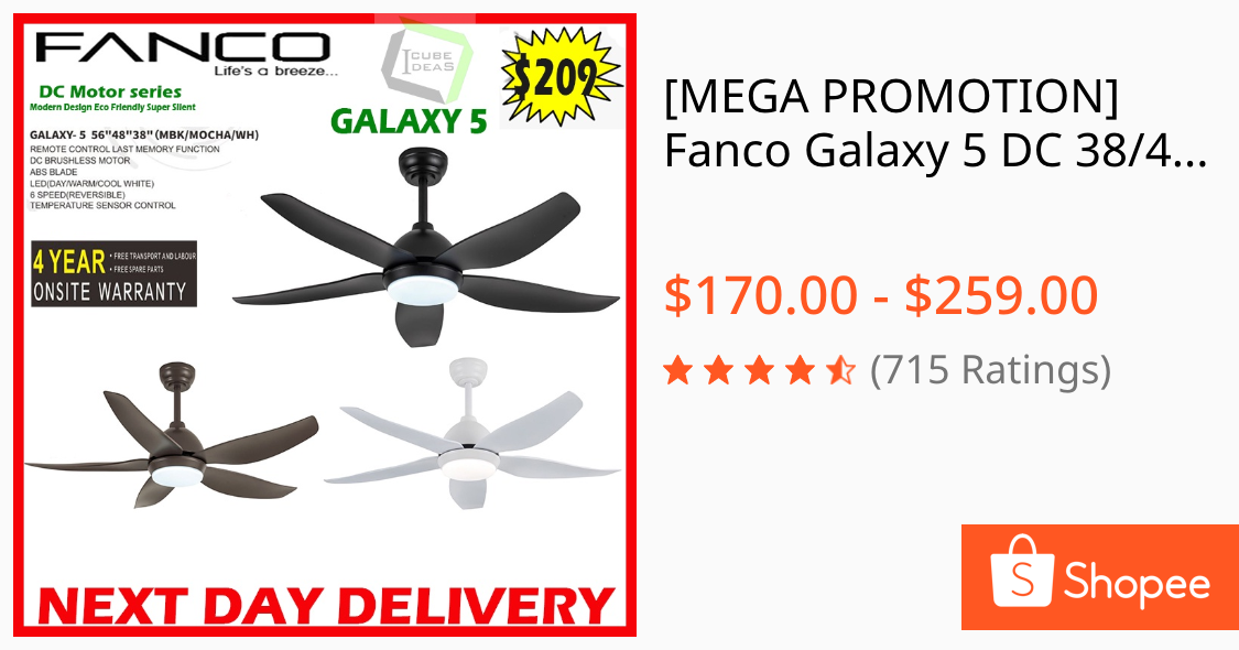 [MEGA PROMOTION] Fanco Galaxy 5 DC 38/48/56 Inches Ceiling Fan With Remote and 24W LED LIGHT