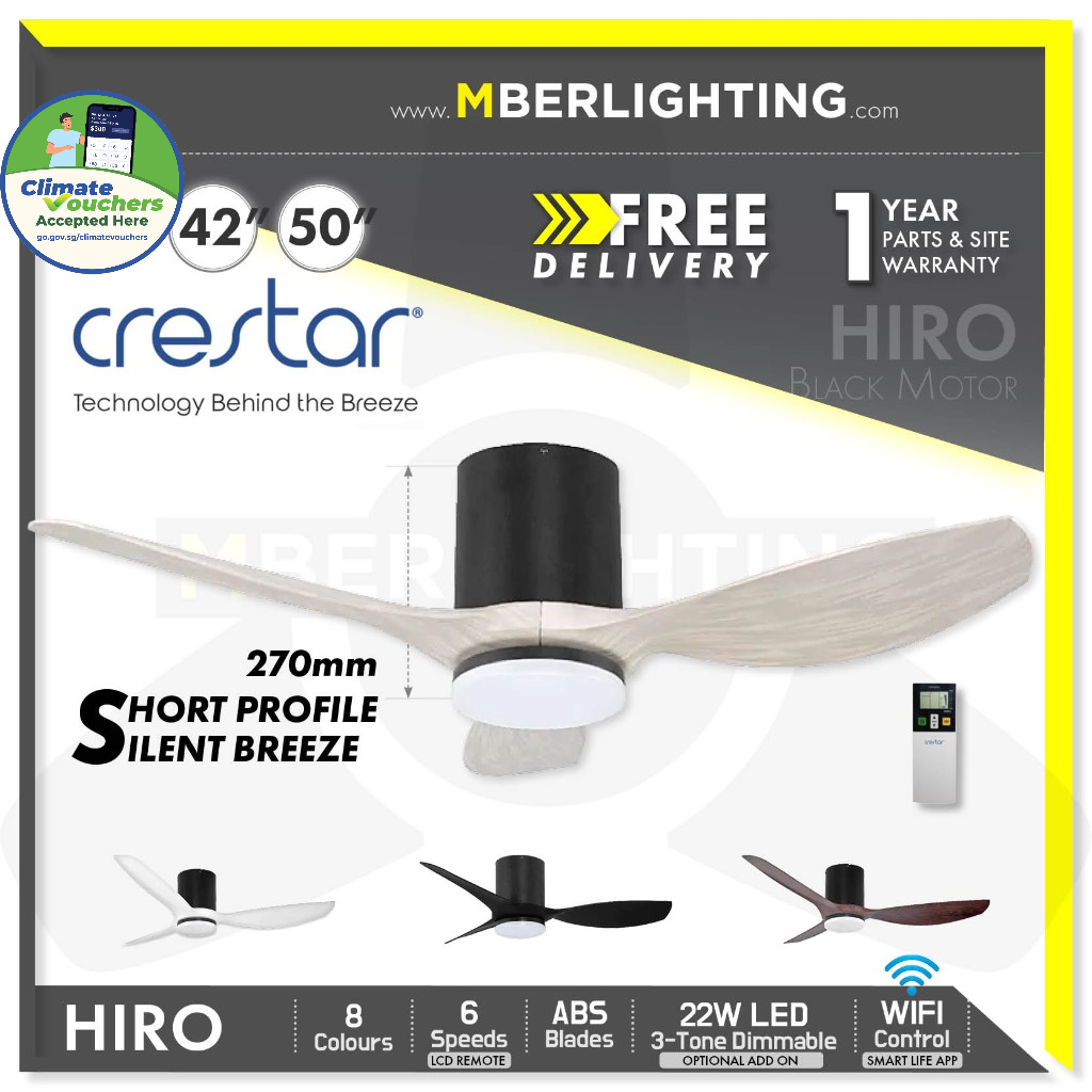 CRESTAR Hiro 42/50" Smart Wi-Fi Ceiling Fan with Optional 22W 3Tone LED And Remote Control