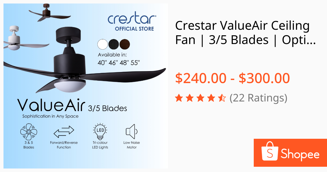 Crestar ValueAir Ceiling Fan | 3/5 Blades | Optional Tri-colour LED | Drop-rod | Inverter DC 6 Speed
