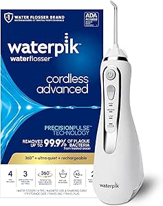 Waterpik Cordless Advanced 2.0 Water Flosser For Teeth, Gums, Braces, Dental Care With Travel Bag and 4 Tips, ADA Accepted, Rechargeable, Portable, and Waterproof, White WP-580, Packaging May Vary