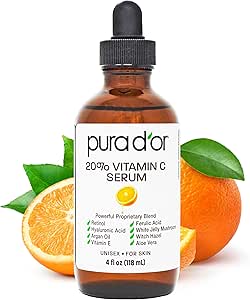 PURA D'OR 20% Vitamin C Serum Premium Professional Grade (4oz / 118mL) for Face & Eyes Most Complete Formula Hyaluronic Acid, Vitamin E & Argan Oil, Treatment for Dark Spots, Acne, Wrinkles, Men-Women