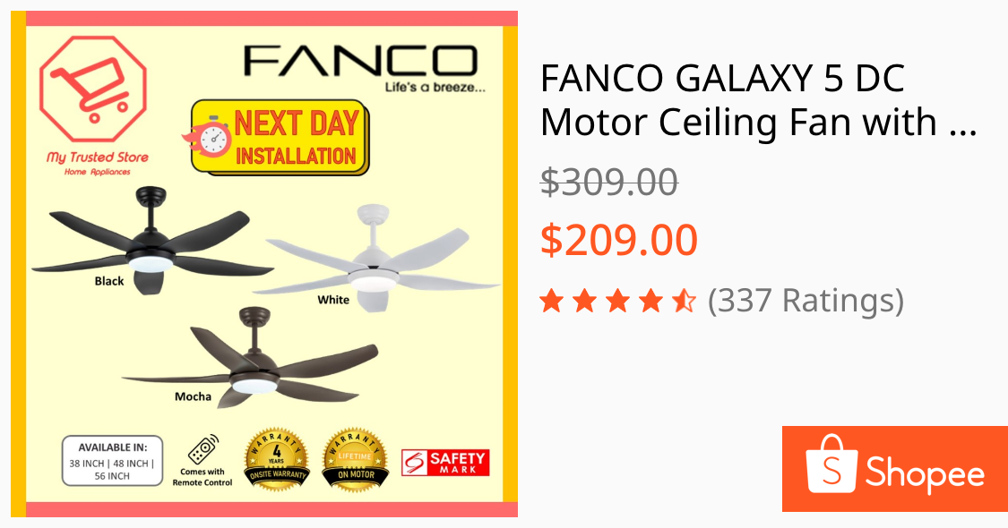 FANCO GALAXY 5 DC Motor Ceiling Fan with 3 Tone LED Light Kit and Remote Control | Installation Available