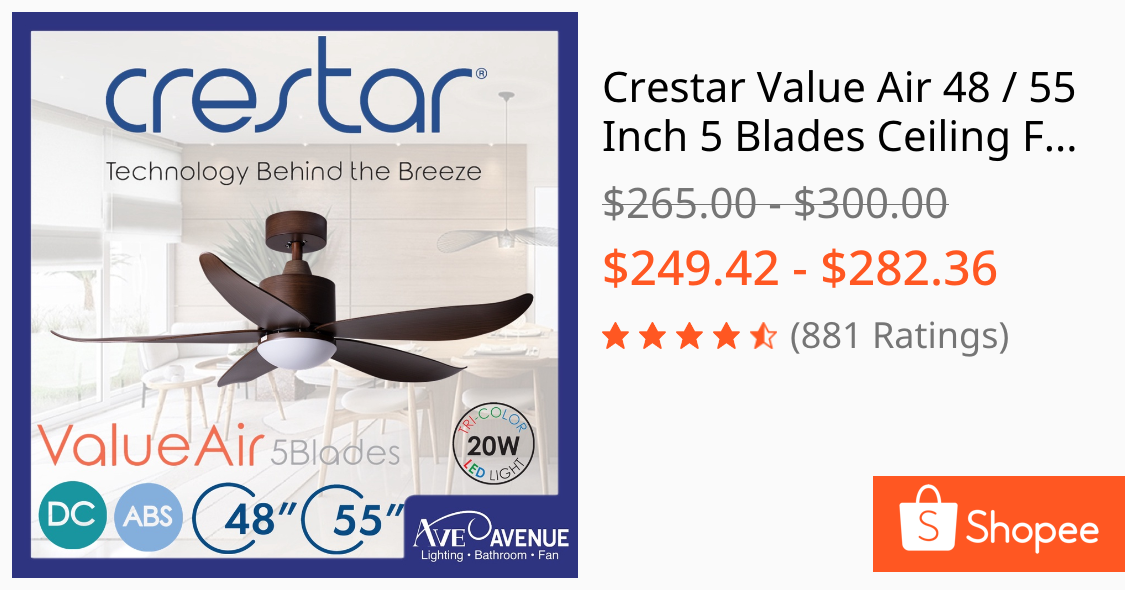 Crestar Value Air 48 / 55 Inch 5 Blades Ceiling Fan With 3-Tone LED Light And Remote Control